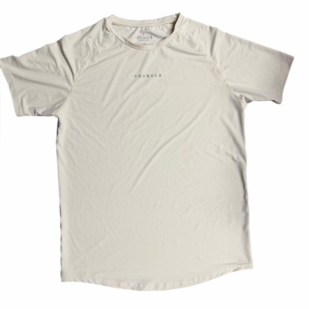 Youngla Shirt Mens L White Performance Workout Stretch Lightweight Short Sleeve